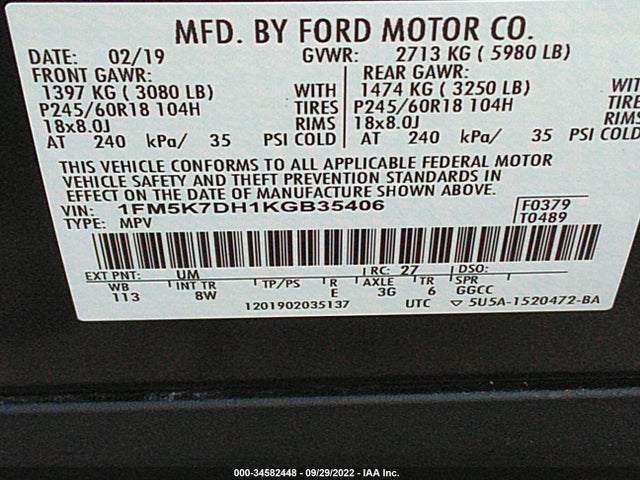Ford EXPLORER XLT 2019 1FM5K7DH1KGB35406 Image 9