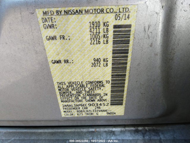 2014 Nissan Altima 2.5 S მანქანა იყიდება აუქციონზე, vin: 1N4AL3AP6EC903452, აუქციონის ნომერი: 34522250