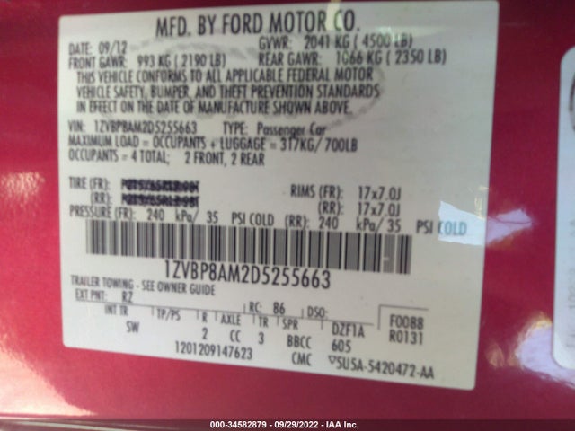 2013 FORD MUSTANG V6 VIN: 1ZVBP8AM2D5255663