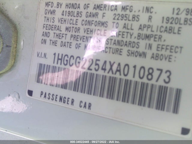 1999 HONDA ACCORD CPE EX VIN: 1HGCG2254XA010873