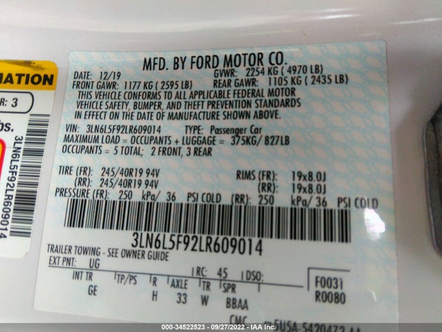 2020 Lincoln MKZ, VIN: 3LN6L5F92LR609014