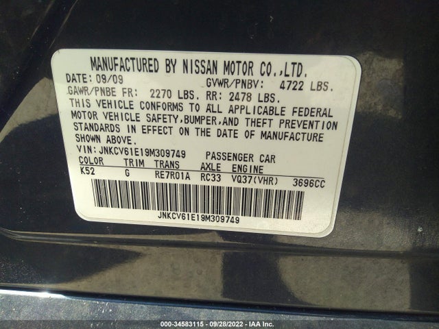 2009 INFINITI G37 VIN: JNKCV61E19M309749