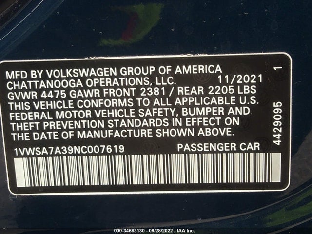 2022 Volkswagen Passat, VIN: 1VWSA7A39NC007619