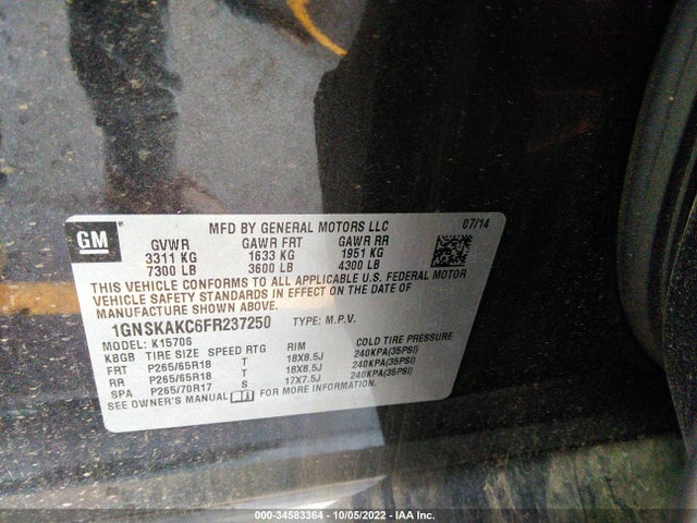 2015 Chevrolet Tahoe, VIN: 1GNSKAKC6FR237250