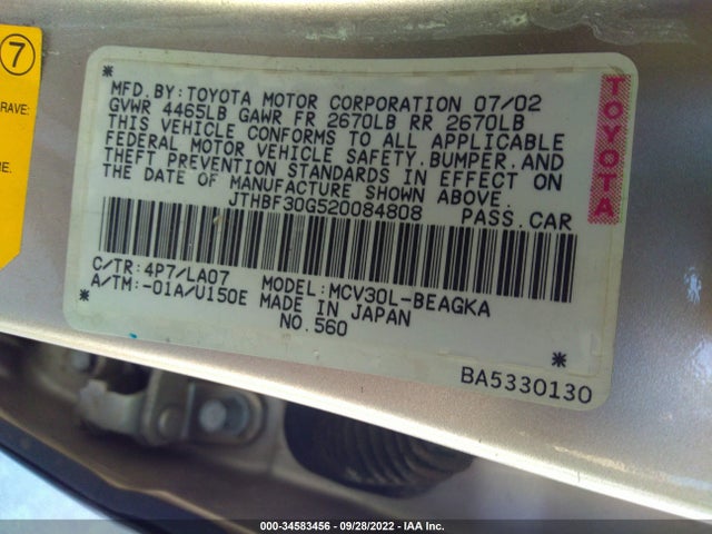 2002 LEXUS ES 300 VIN: JTHBF30G520084808