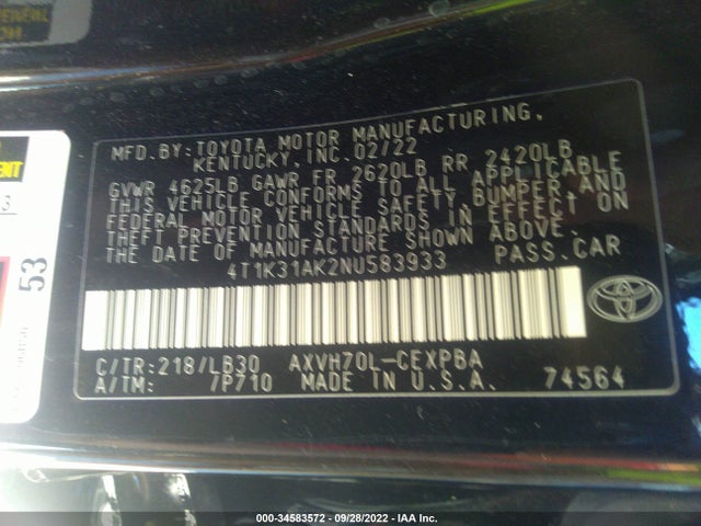 2022 Toyota Camry, VIN: 4T1K31AK2NU583933