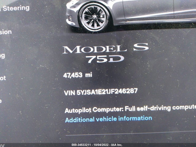 Tesla Model S 75d/100d/p100d 2018 5YJSA1E21JF246287 Image 8