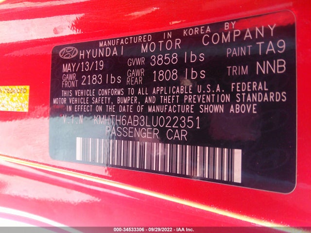 2020 Hyundai Veloster, VIN: KMHTH6AB3LU022351