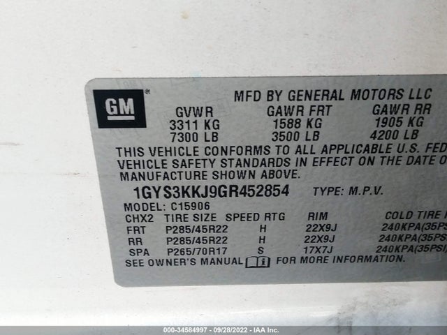 1GYS3KKJ9GR452854 Cadillac Escalade Esv Platinum