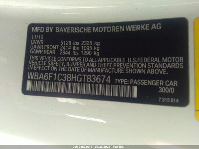 2017 BMW 6 Series, VIN: WBA6F1C38HGT83674