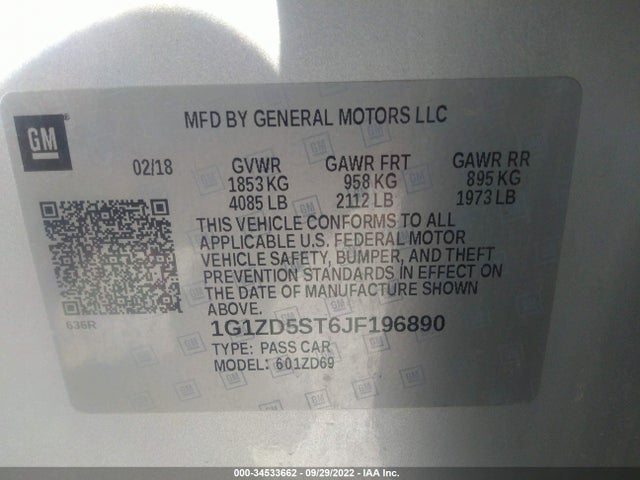 2018 CHEVROLET MALIBU LT VIN: 1G1ZD5ST6JF196890