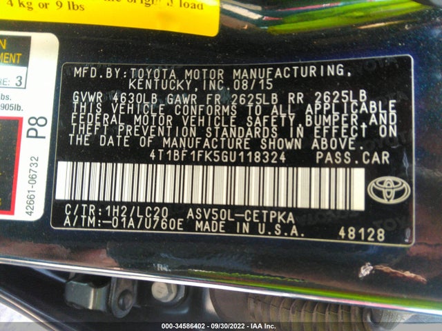Toyota CAMRY XSE 2016 4T1BF1FK5GU118324 Image 9