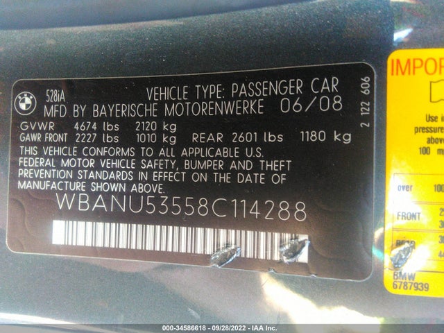 BMW 5 Series 528i 2008 WBANU53558C114288 Image 10
