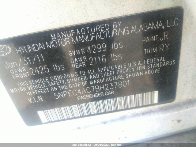 2011 HYUNDAI SONATA SE VIN: 5NPEC4AC7BH237801