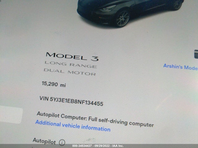 2022 TESLA MODEL 3 LONG RANGE VIN: 5YJ3E1EB8NF134455