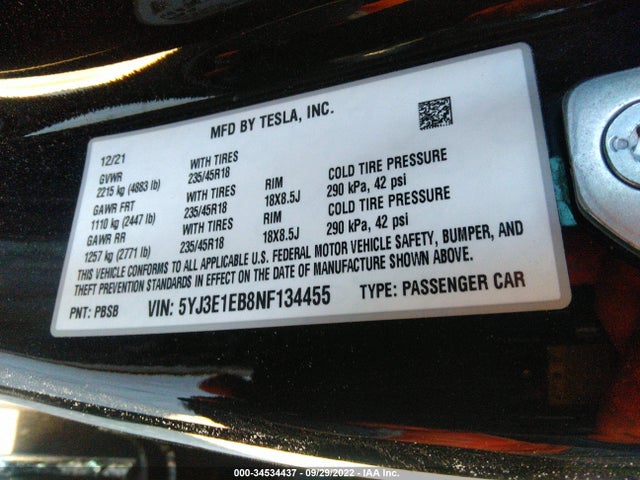 2022 TESLA MODEL 3 LONG RANGE VIN: 5YJ3E1EB8NF134455