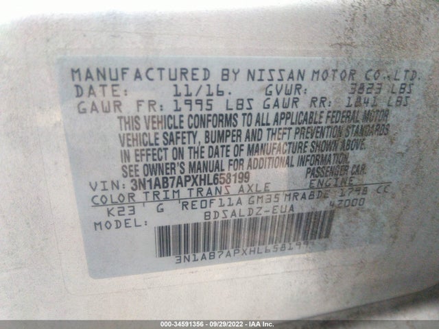 2017 NISSAN SENTRA SV VIN: 3N1AB7APXHL658199