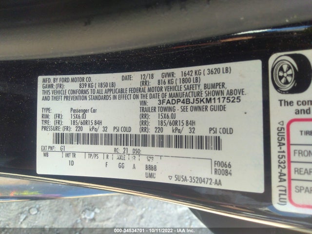 2019 FORD FIESTA SE VIN: 3FADP4BJ5KM117525