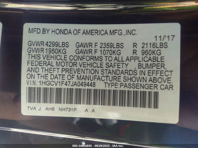 2018 HONDA ACCORD SEDAN EX 1.5T VIN: 1HGCV1F47JA049448
