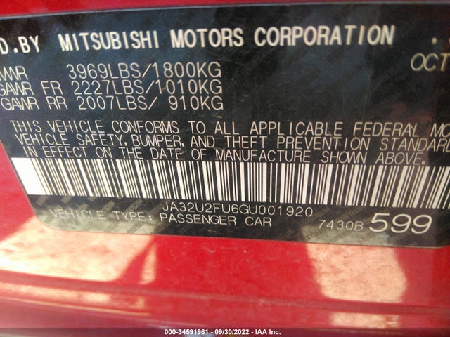 2016 Mitsubishi Lancer, VIN: JA32U2FU6GU001920