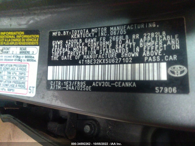 2005 TOYOTA CAMRY STD/LE/SE/XLE VIN: 4T1BE32KX5U627102