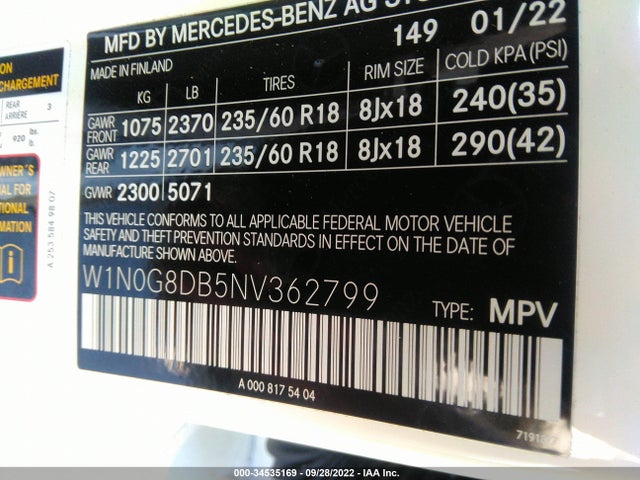 2022 Mercedes-Benz GLC-Class, VIN: W1N0G8DB5NV362799