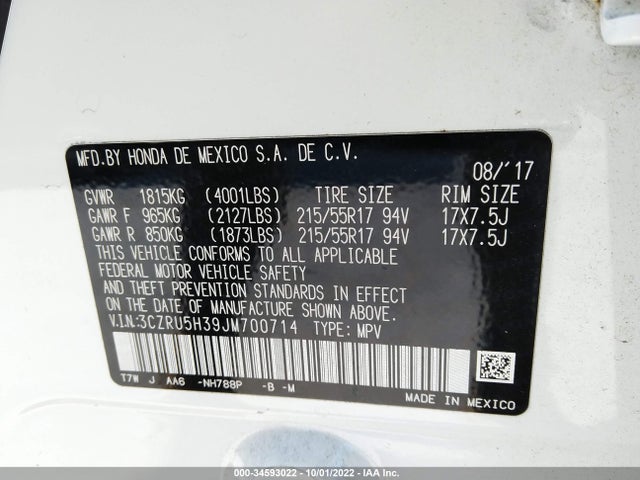 2018 HONDA HR-V LX VIN: 3CZRU5H39JM700714
