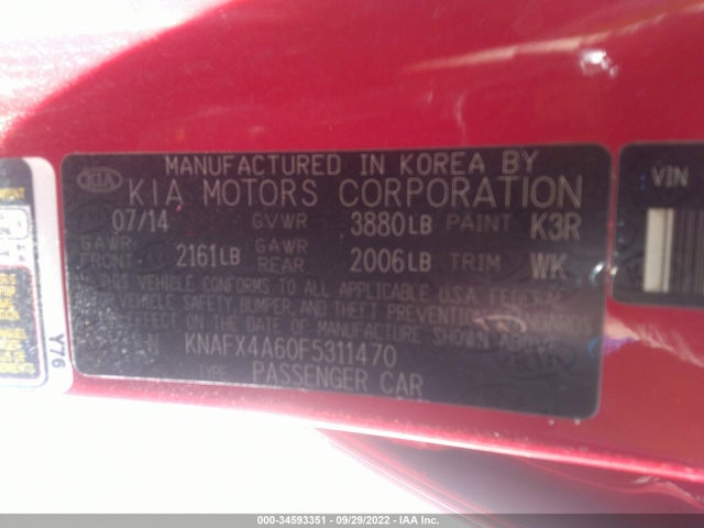 2015 KIA FORTE LX VIN: KNAFX4A60F5311470