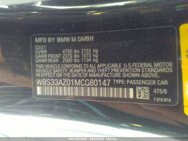 2021 BMW M4, VIN: WBS33AZ01MCG80147