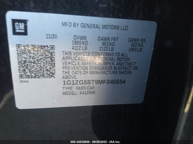 2021 Chevrolet Malibu, VIN: 1G1ZG5ST9MF045554