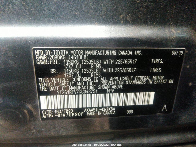 2019 Toyota RAV4, VIN: 2T3G1RFV7KC043754