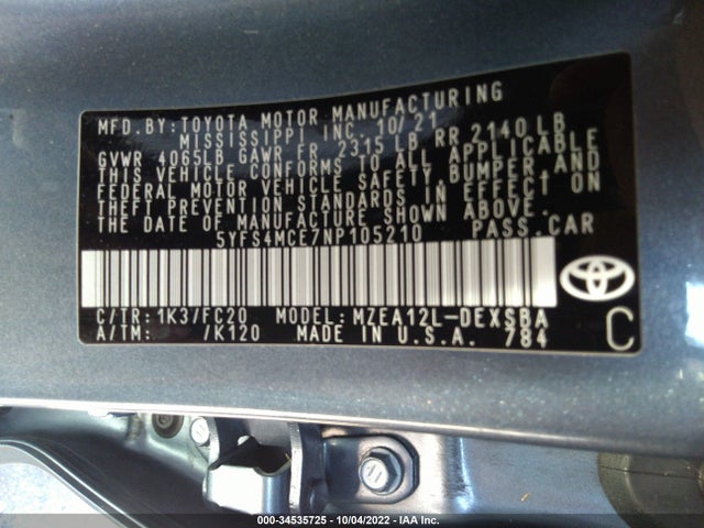 2022 TOYOTA COROLLA SE/SE NIGHTSHADE/APEX SE VIN: 5YFS4MCE7NP105210