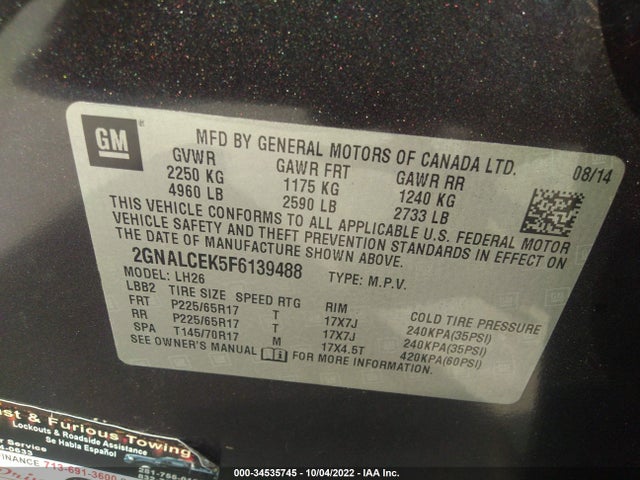 2015 Chevrolet Equinox, VIN: 2GNALCEK5F6139488