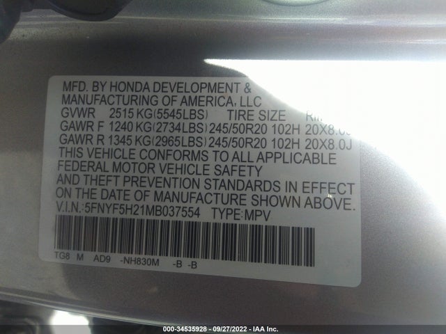 2021 Honda Pilot, VIN: 5FNYF5H21MB037554