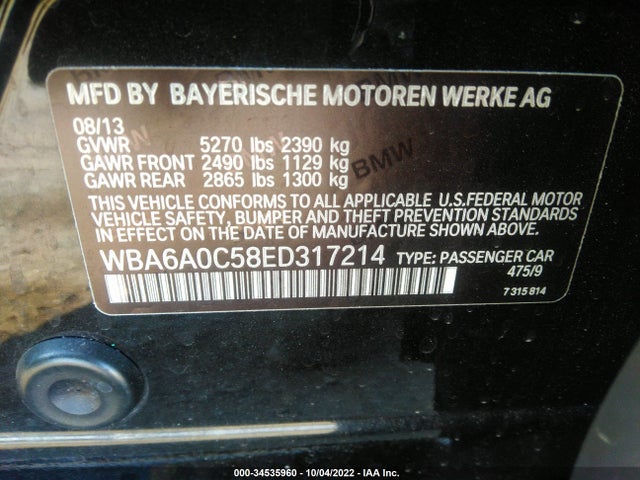 2014 BMW 6 Series, VIN: WBA6A0C58ED317214