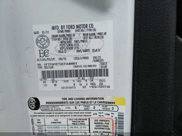 2012 FORD F-150 XL/XLT/FX4/LARIAT VIN: 1FTFW1ET2CFA49901