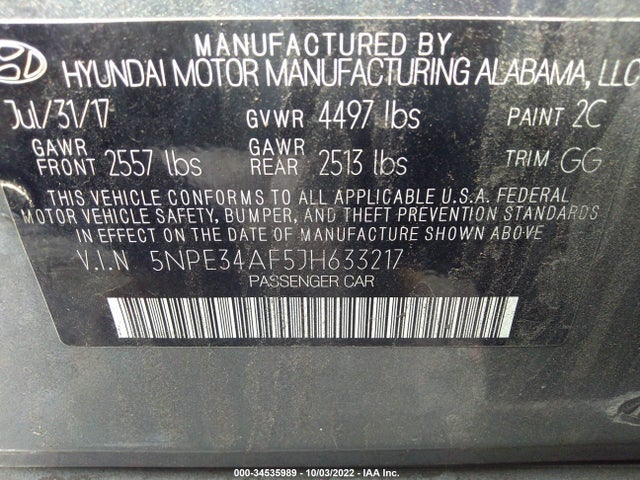2018 HYUNDAI SONATA SEL VIN: 5NPE34AF5JH633217