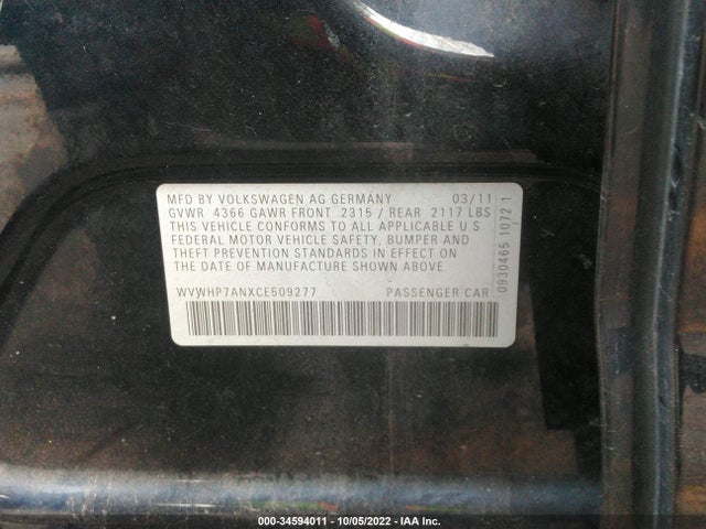 2012 VOLKSWAGEN CC LUX PLUS PZEV VIN: WVWHP7ANXCE509277