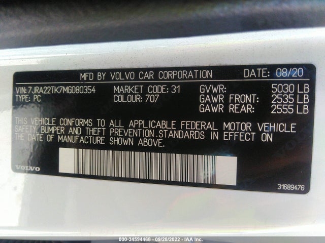 2021 Volvo S60, VIN: 7JRA22TK7MG080354