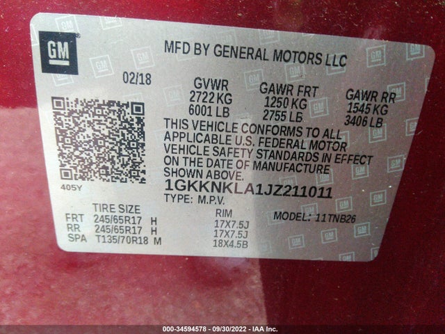 GMC ACADIA SLE 2018 1GKKNKLA1JZ211011 Image 9
