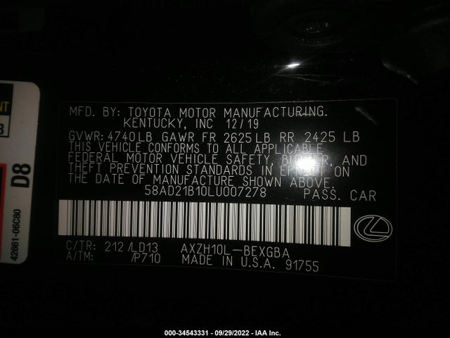 2020 Lexus ES, VIN: 58AD21B10LU007278
