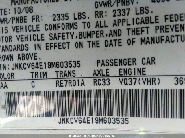2009 INFINITI G37 COUPE JOURNEY VIN: JNKCV64E19M603535