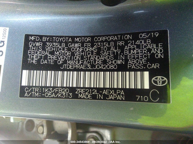 34543869 :رقم المزاد ، JTDEPRAE3LJ042080 vin ، 2020 Toyota Corolla Le مزاد بيع