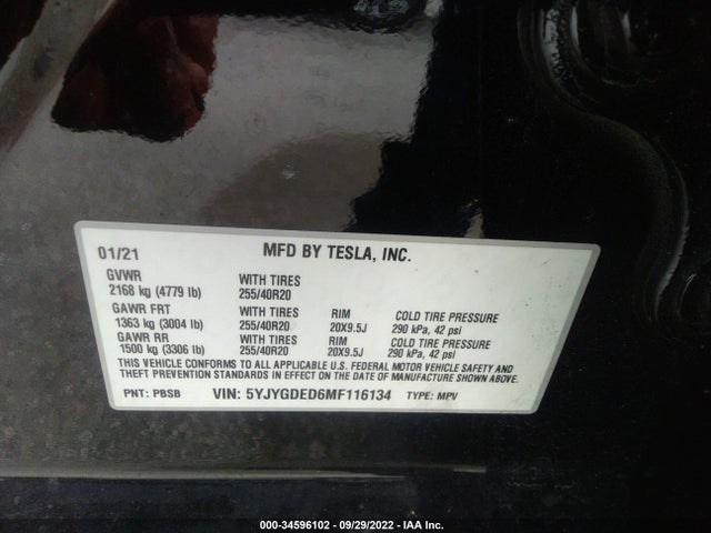 2021 Tesla Model Y, VIN: 5YJYGDED6MF116134