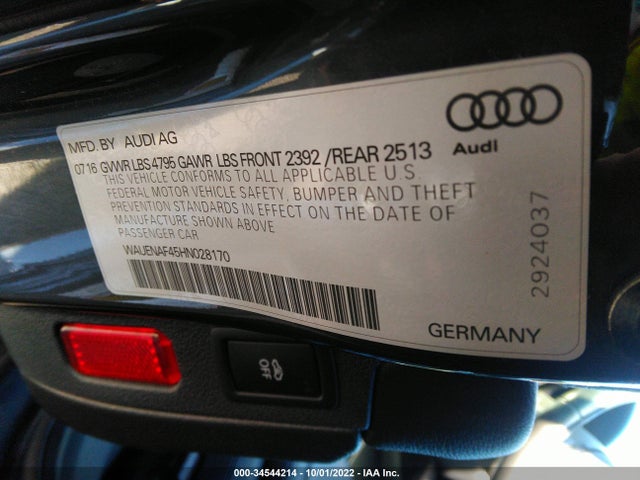 2017 AUDI A4 PREMIUM PLUS VIN: WAUENAF45HN028170