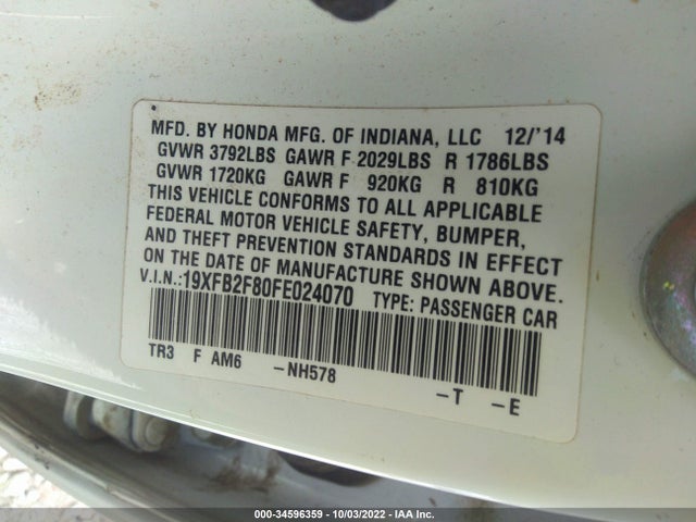 2015 HONDA CIVIC SEDAN EX VIN: 19XFB2F80FE024070