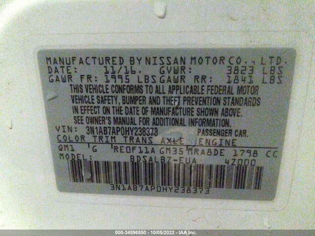 2017 NISSAN SENTRA S VIN: 3N1AB7AP0HY238373