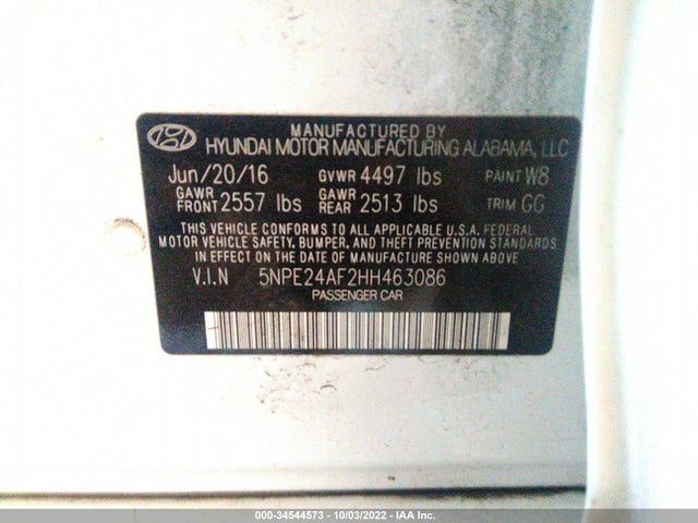 2017 HYUNDAI SONATA SE VIN: 5NPE24AF2HH463086