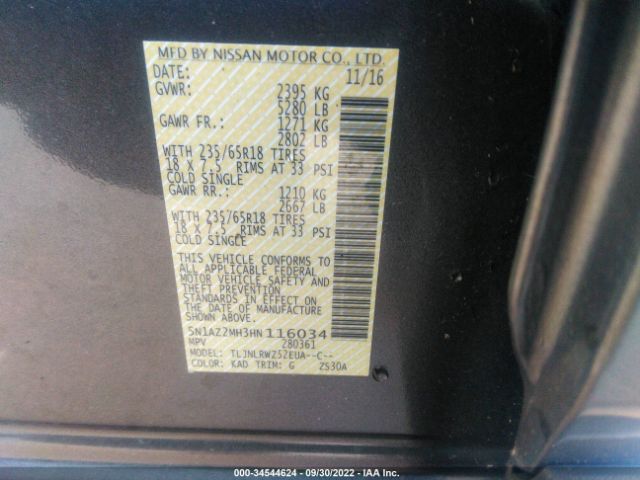 5N1AZ2MH3HN116034 Nissan MURANO SL