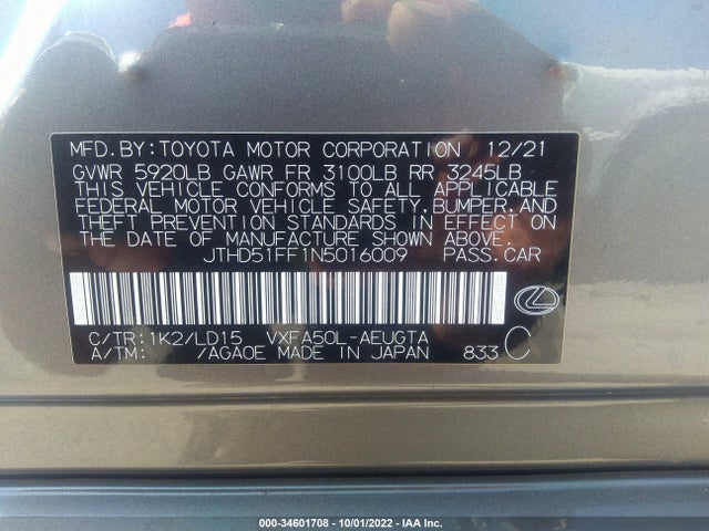 2022 Lexus LS, VIN: JTHD51FF1N5016009